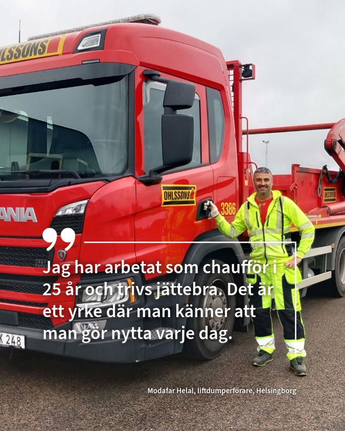 Lastbilschaufför från Ohlssons framför röd lastbil